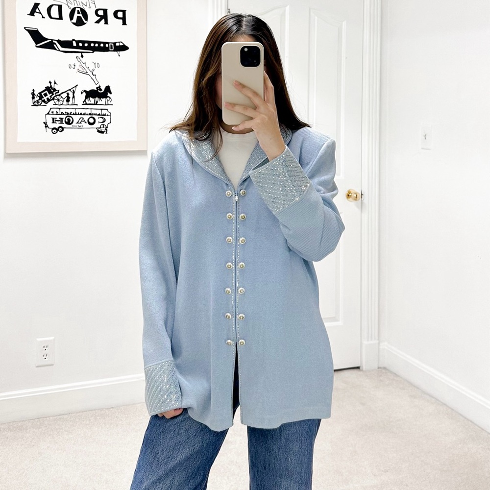 St. John Collection Light Blue Pearl-Buttoned Suit with cream or blue skirt
